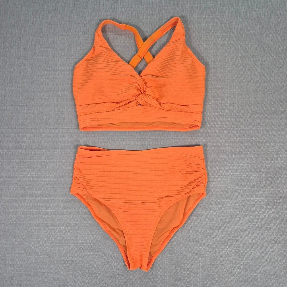 Herseas Large NWOT Orange Textured Twist Front High Waisted Bikini Set Swimsuit